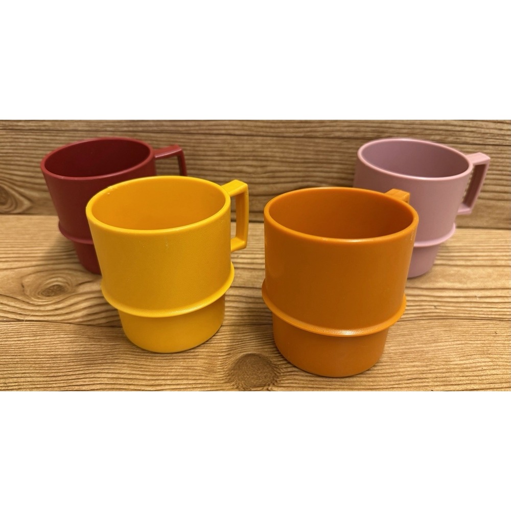 Vintage Tupperware Set 4 Stacking Multi-Mugs Coffee Cups Yellow Orange Pink Red